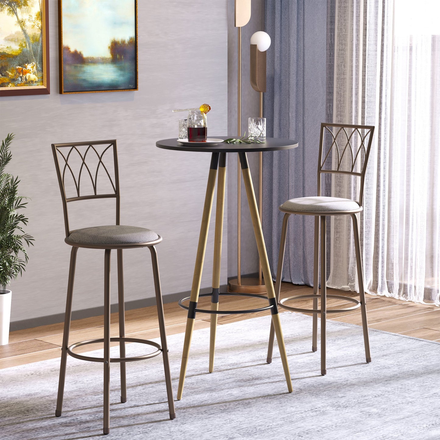 HOMCOM Set of 2 Bar Chairs Swivel Upholstered Metal Frame Barstools with Footrest