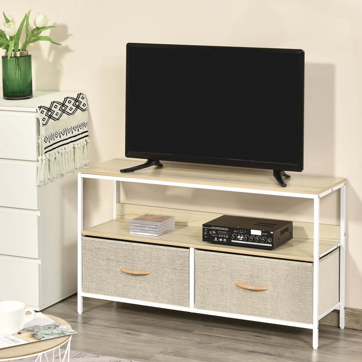 HOMCOM TV Cabinet, TV Console Unit W/ Foldable Linen Drawers, TV Stand Maple Colour