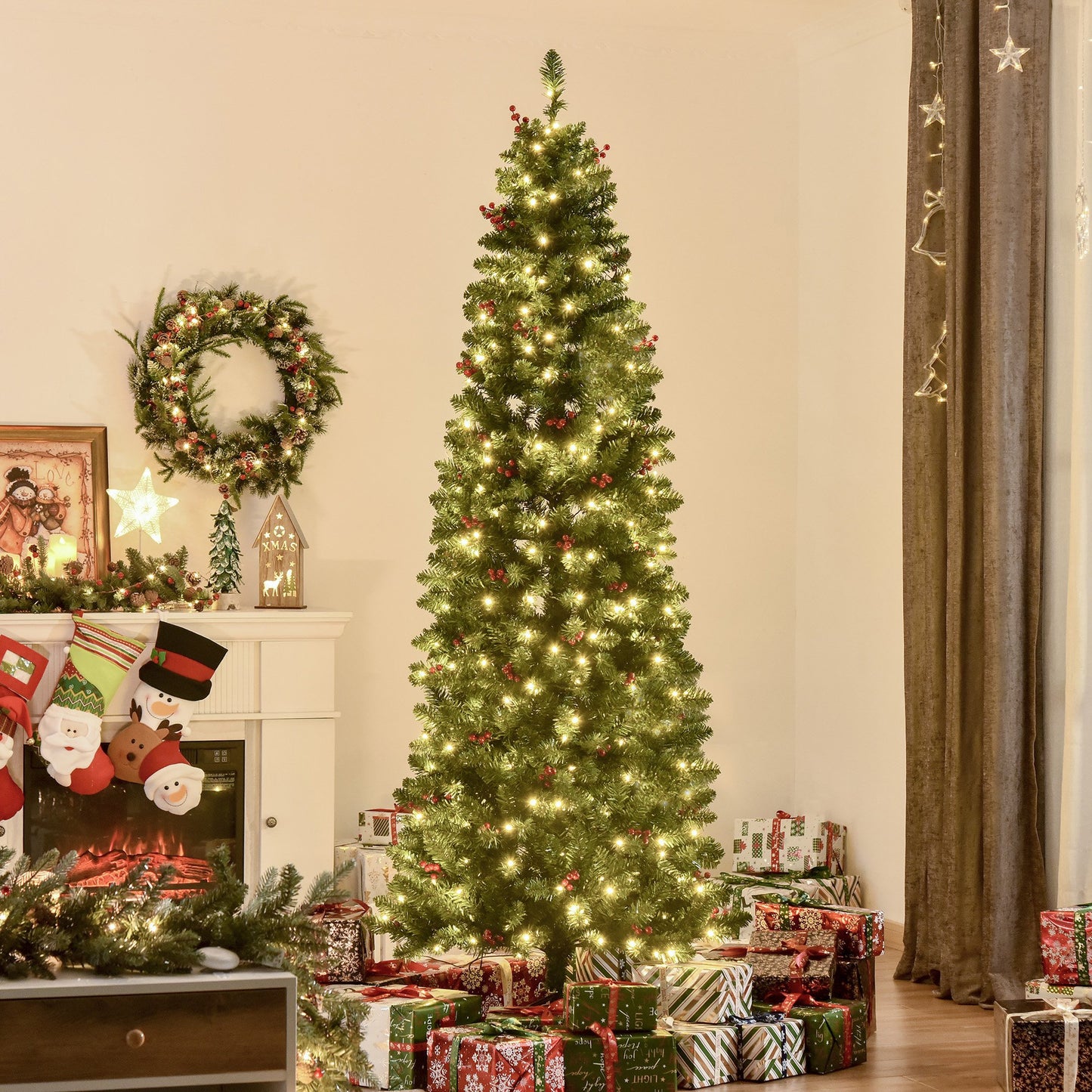 HOMCOM 7FT Prelit Artificial Pencil Christmas Tree w/ LED Light, Berry, Xmas Decor