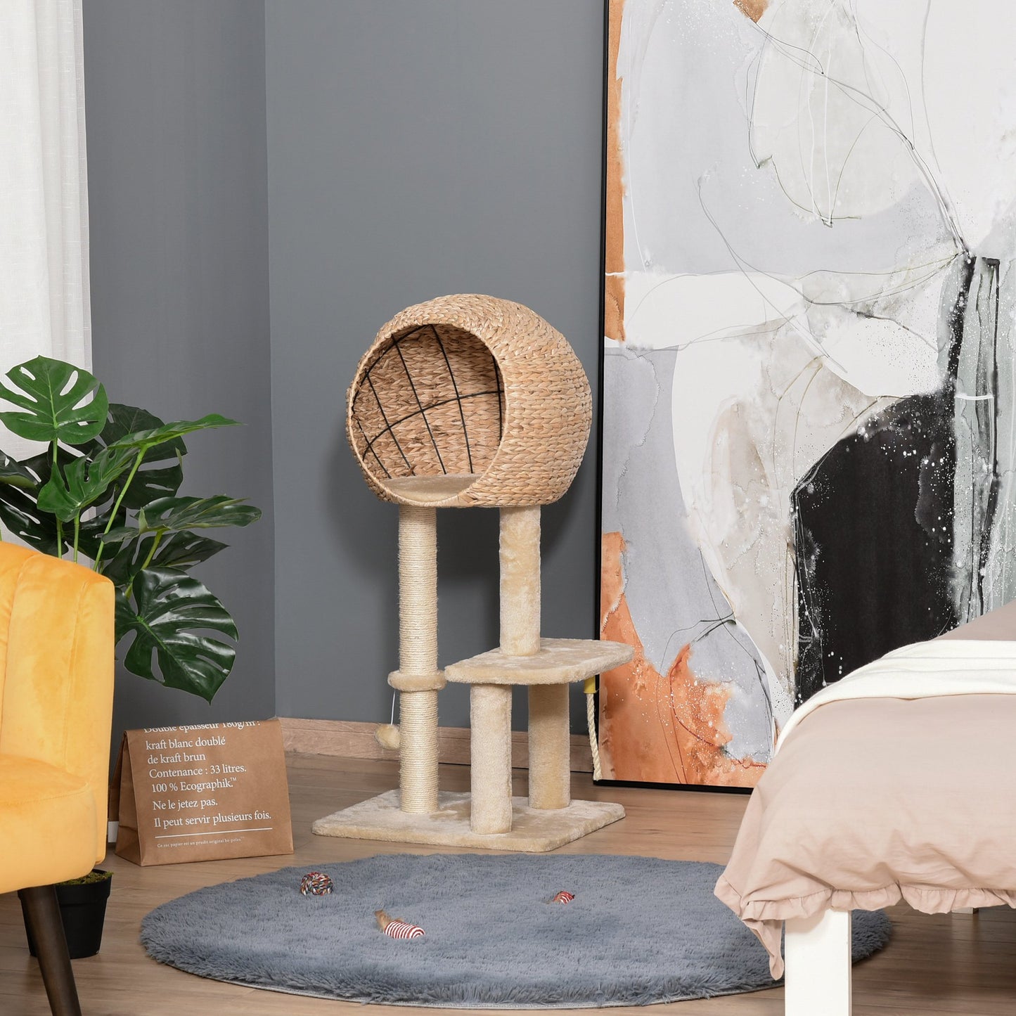 PawHut Cat Tree Tower Activity Center w/ Posts Condo Ball Cushion Perch Cattail Fluff