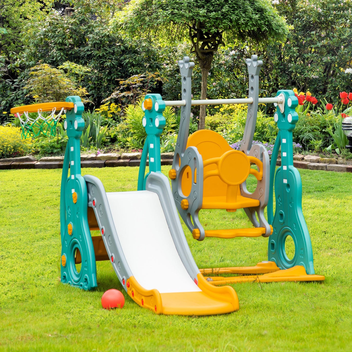 HOMCOM 3-IN-1 Kids Swing and Slide Set Activity Center w/ Basketball Hoop Slide Swing