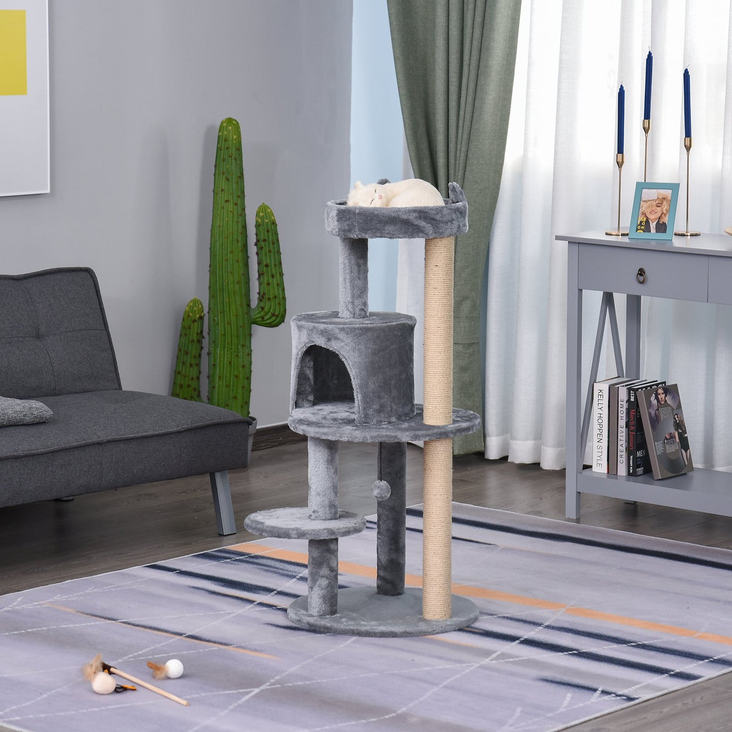 PawHut 3-Tier Deluxe Cat Activity Tree w/ Scratching Posts Ear Perch House Kitten Grey
