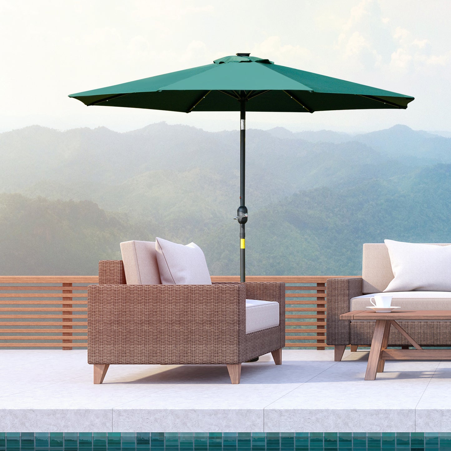 Outsunny 2.7m Patio LED Umbrella with Push Button Tilt/Crank 8 Ribs Sun Shade for Outdoor Table Market Umbrella Green Rib Parasol