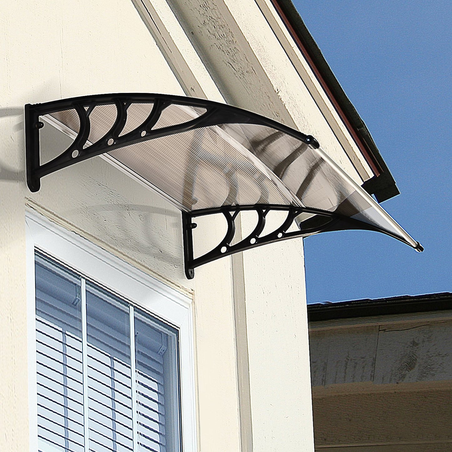 Outsunny 75 L x 120 W x 23 H cm Brown Polycarbonate Curved Awning w/ Black Bracket