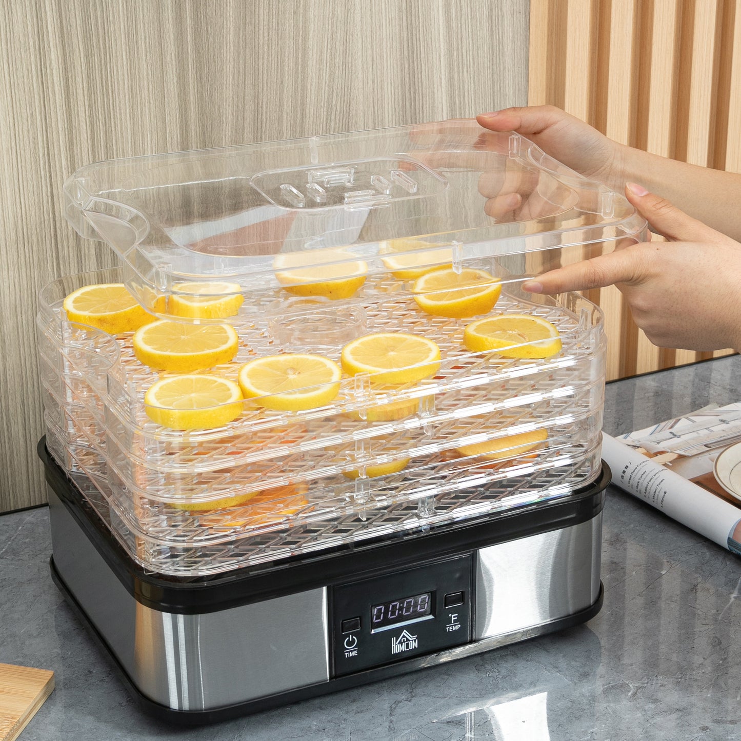 HOMCOM 5 Tier Food Dehydrator, 245W Stainless Steel Food Dryer Machine with Adjustable Temperature, Timer and LCD Display for Drying Fruit, Meat, Vegetable, Jerky and Pet Treat, Silver