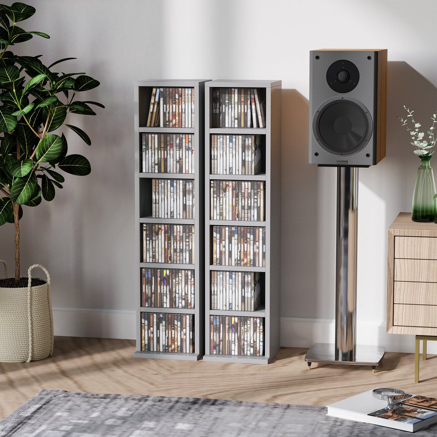 HOMCOM Set of 2 CD Media Display Shelf Unit Tower Rack w/ Adjustable Shelves Grey