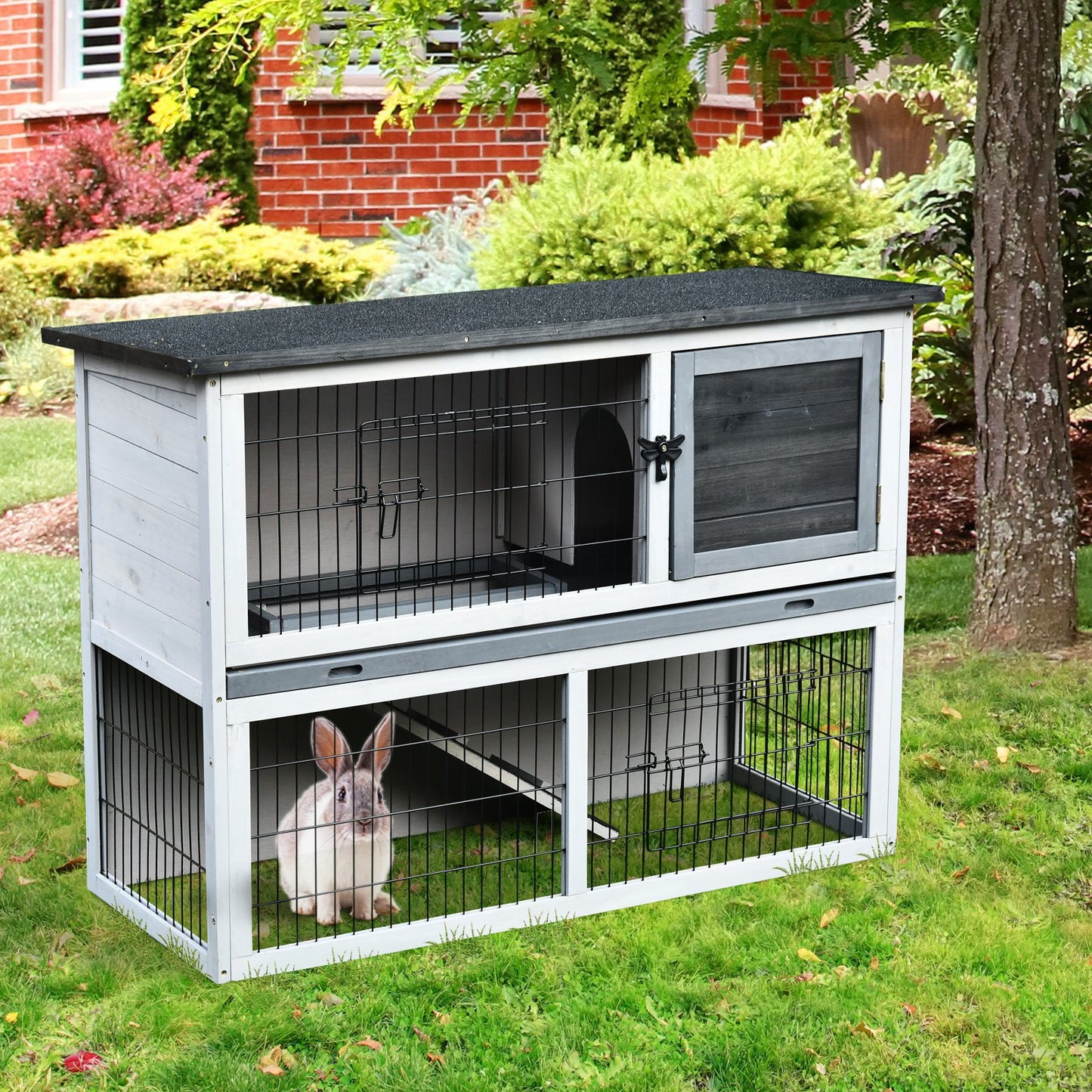 PawHut Small Animal Two-Level Fir Wood Rabbit Hutch Bunny Cage w/ Slide Out Tray Grey