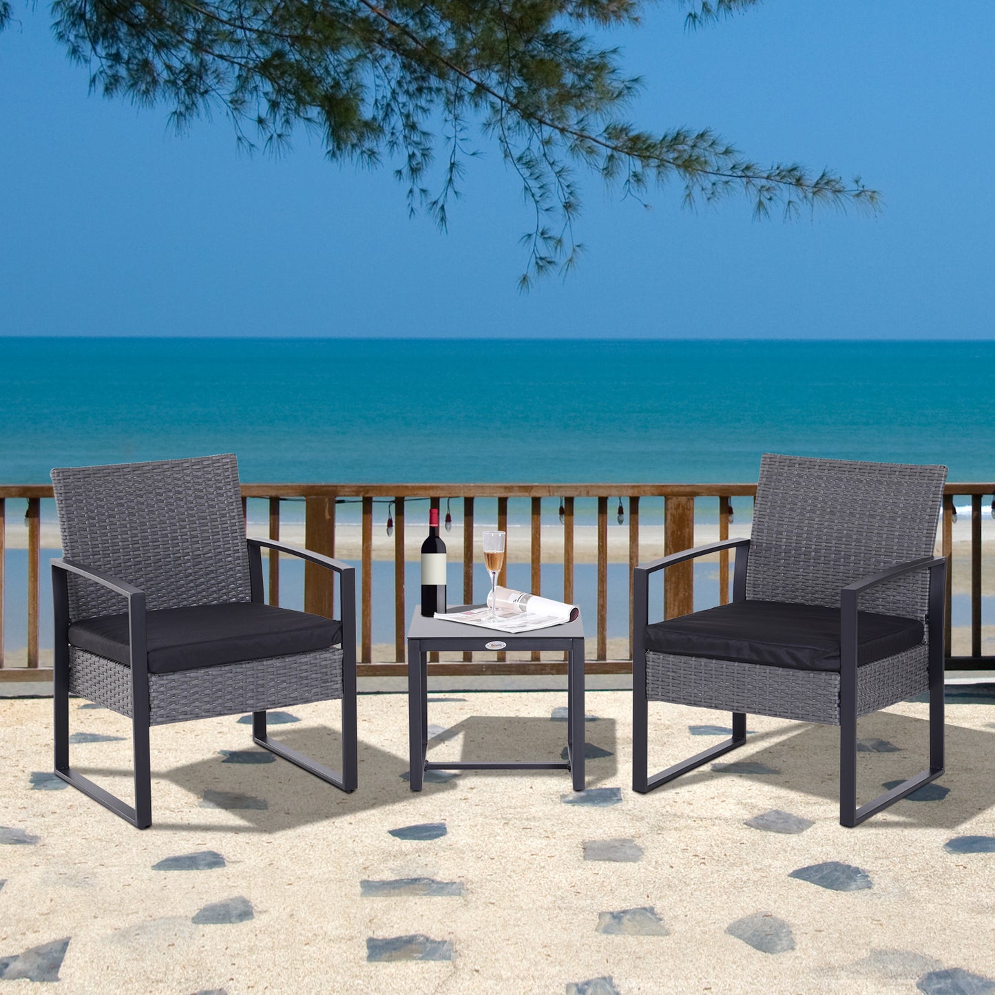 Outsunny 3 Pcs Rattan Patio Set W/ Cushions-Grey/Black