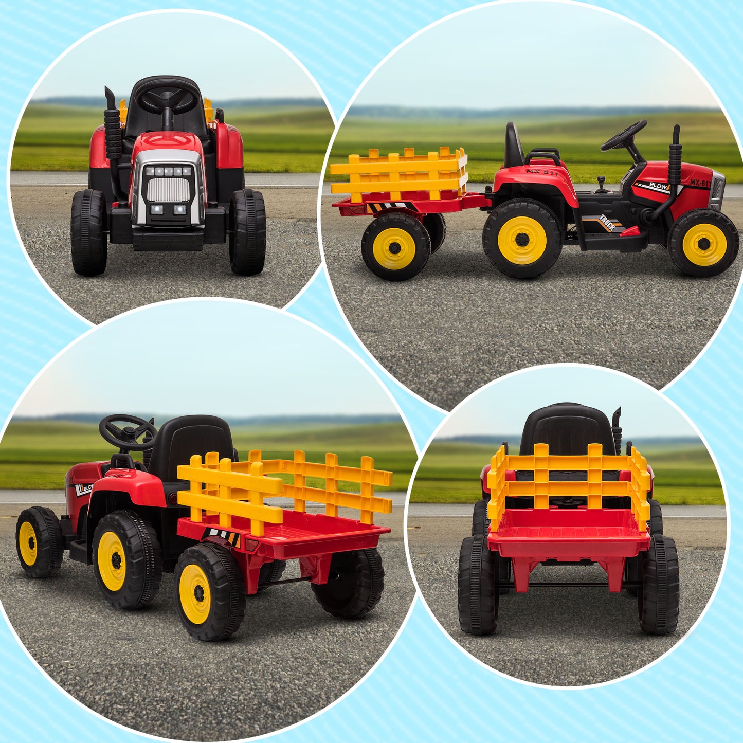 HOMCOM Electric Ride on Tractor with Detachable Trailer, 12V Kids Battery Powered Electric Car with Remote Control, Music Start up Sound and Horn, Lights, for Ages 3-6 Years - Red