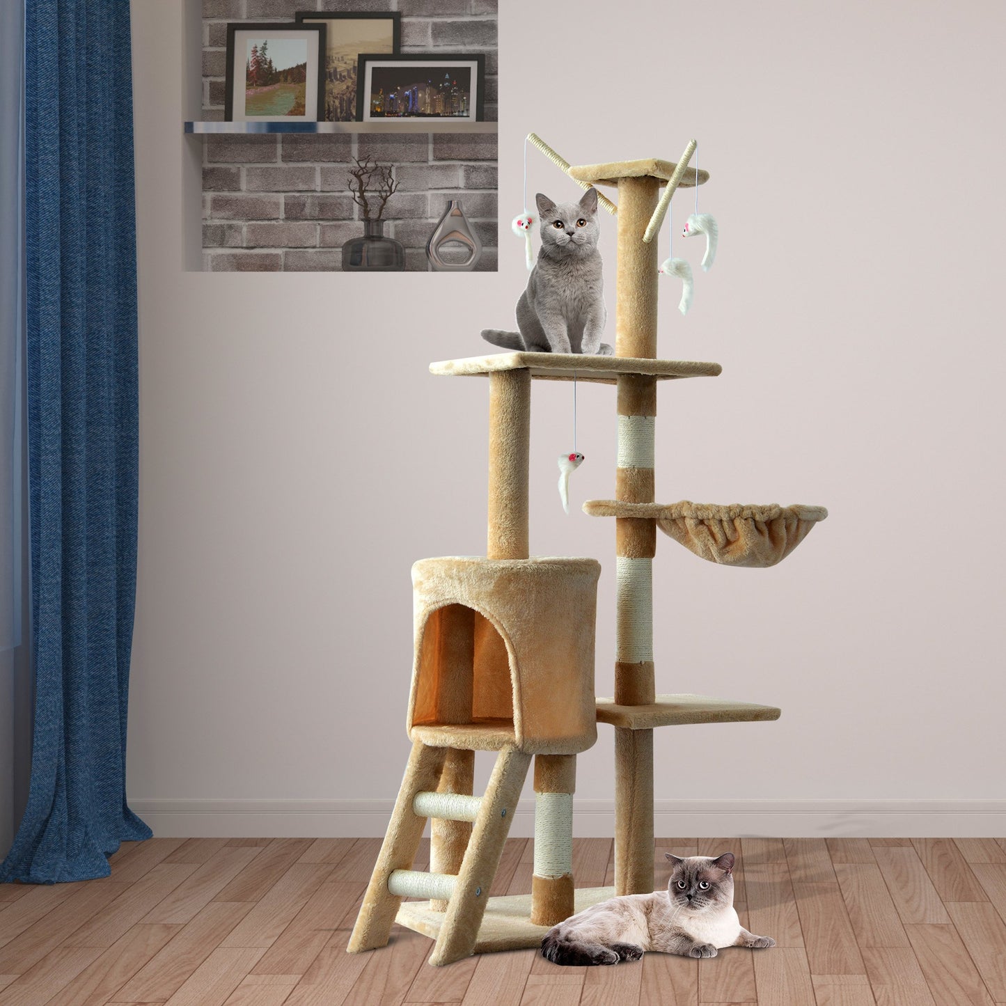 PawHut Cat Scratching Post 5-tier Tall Beige Condo Kitty Activity Centre Scratcher Climbing Tree with Toys Beige