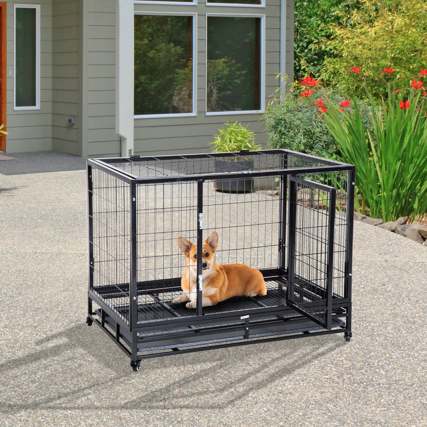 Pawhut Metal Kennel Cage W/Wheels and Crate Tray, 95Lx61.5Wx68.5H cm