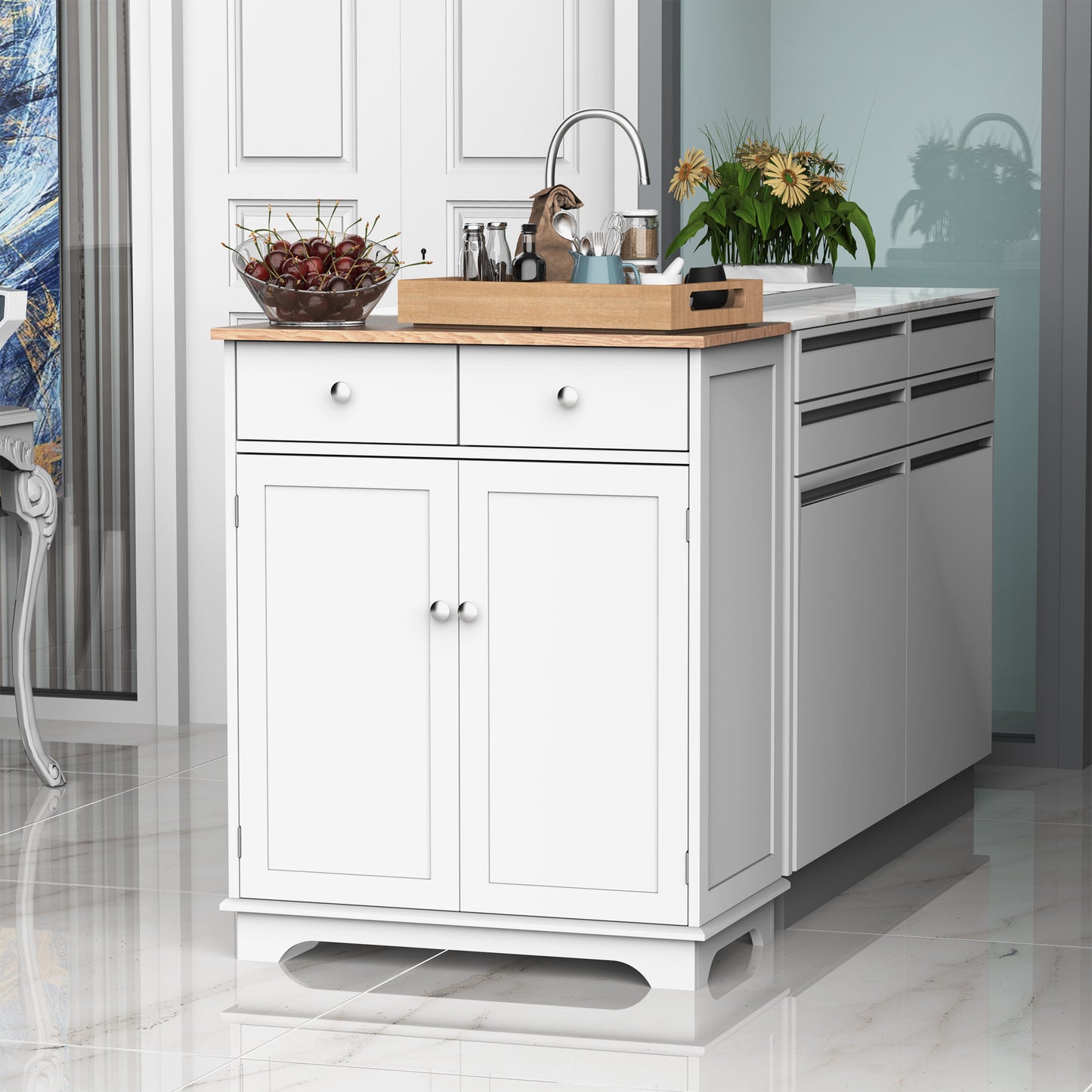 HOMCOM MDF 2-Drawer Double Door Kitchen Cabinet White