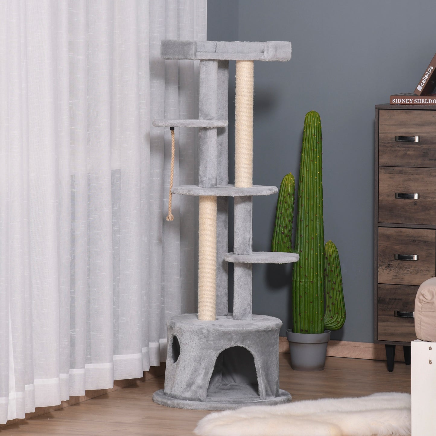 PawHut Ø55 x 150H cm Cat Tree Multi-level Kitten Tower w/ Scratching Post Condo Plush Perches Grey