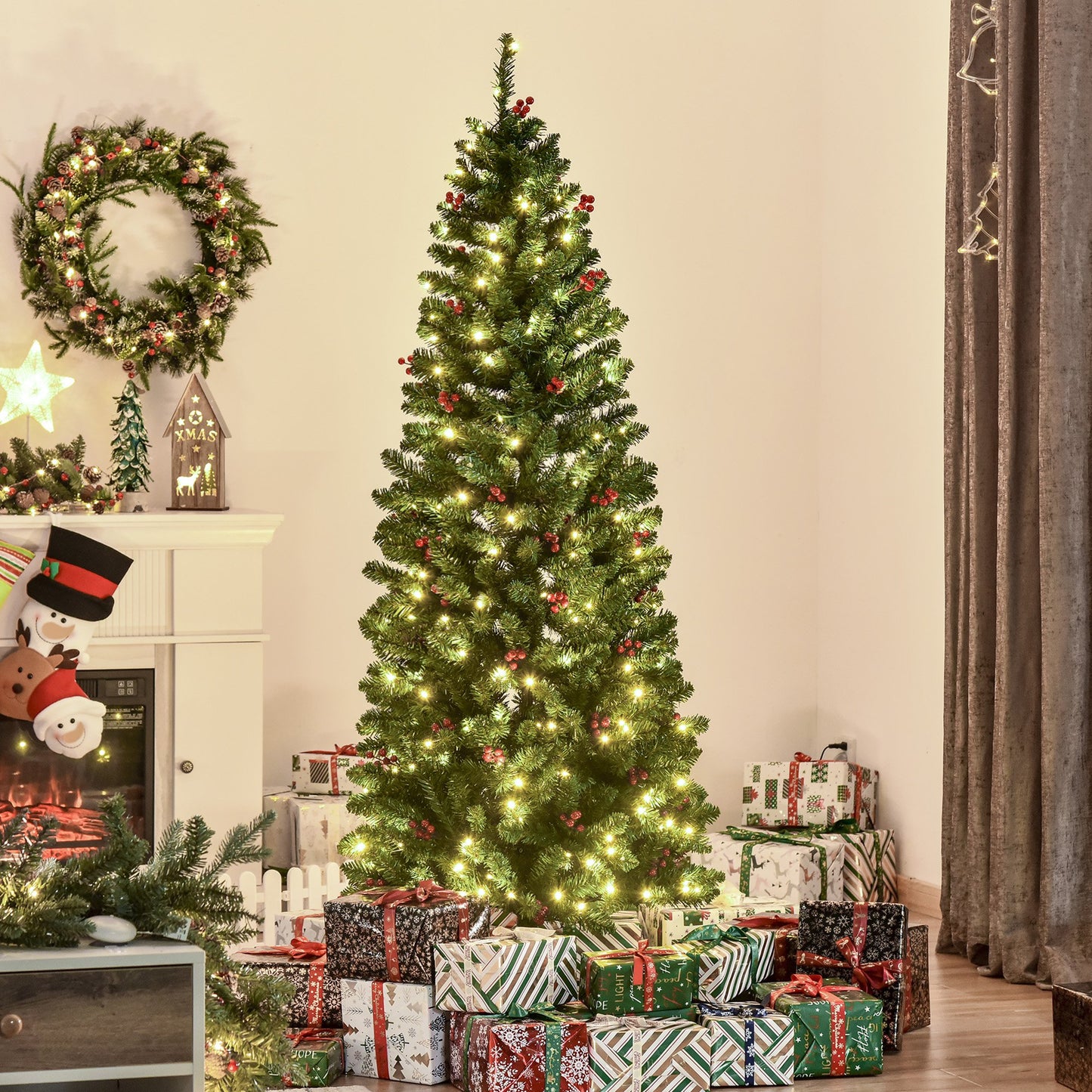 HOMCOM 6FT Prelit Artificial Pencil Christmas Tree w/ LED Light, Berry, Xmas Decor