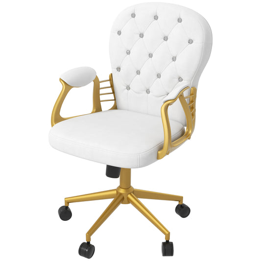 Vinsetto Height Adjustable Home Office Chair Button Tufted Computer Chair with Padded Armrests and Tilt Function Cream White