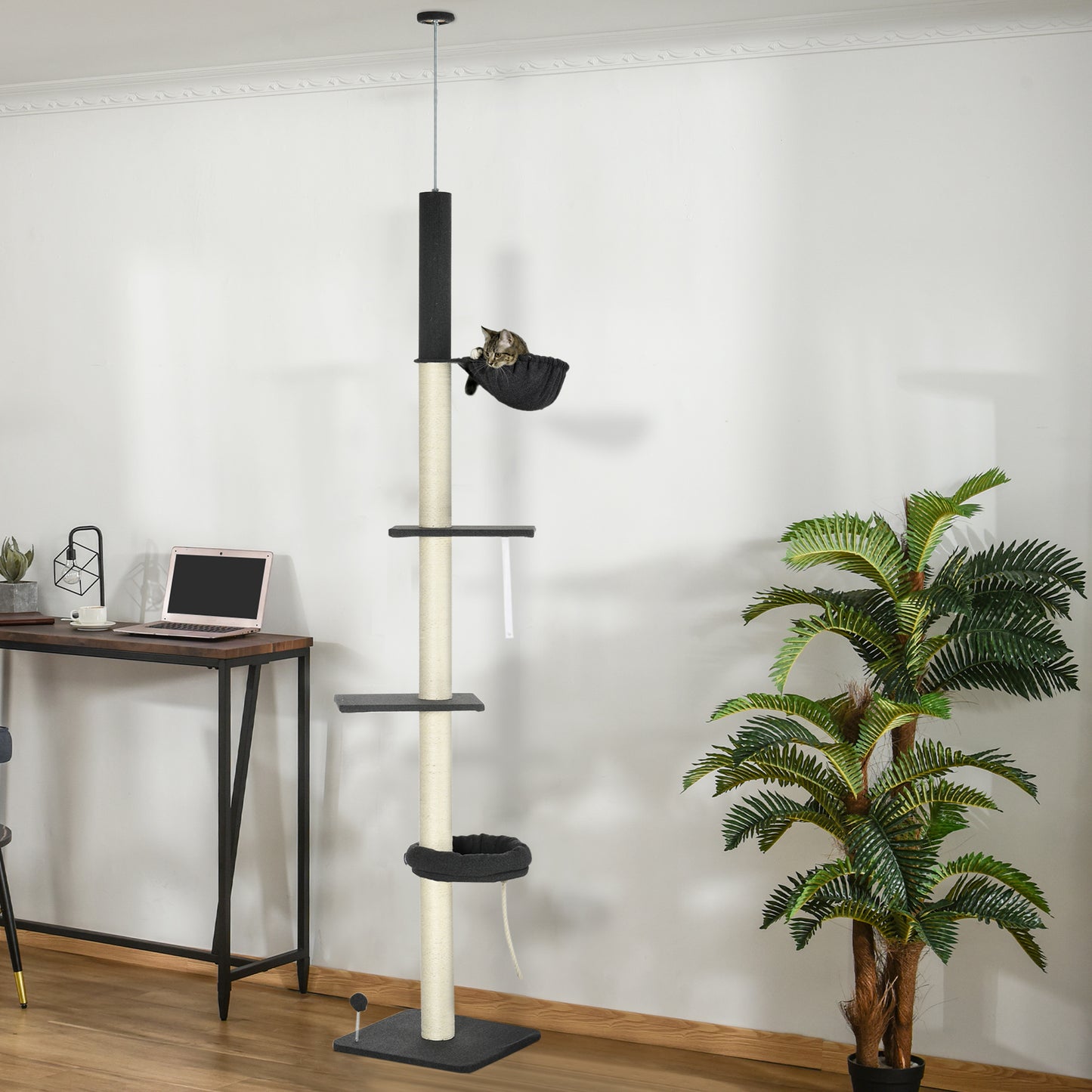 PawHut Floor To Ceiling Cat Tree, 5-Tier Height Adjustable Cat Climbing Tower with Scratching Post, Hammock, Bed for Indoor Cats, 240-270cm, Black