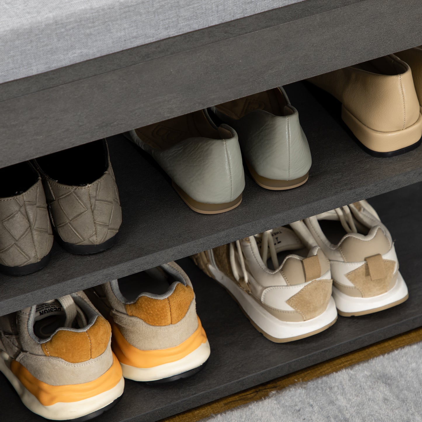 HOMCOM Shoe Storage with Seat Upholstered Entryway Bench Shoe Bench with 3 Open Shelves for Hallway Grey