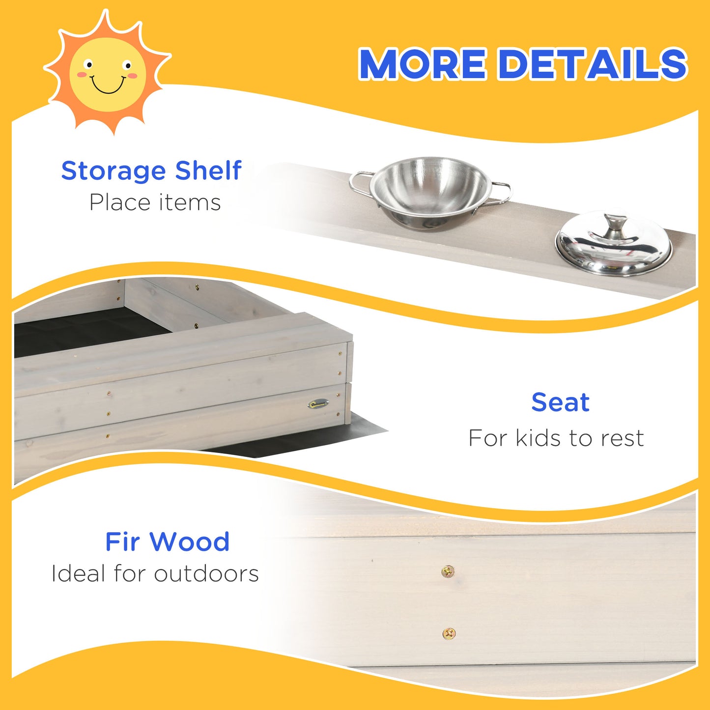 Outsunny Kids Wooden Sandbox w/ Canopy, Kitchen Toys, Seat, Storage, for 3-7 Years Old Outdoor Play