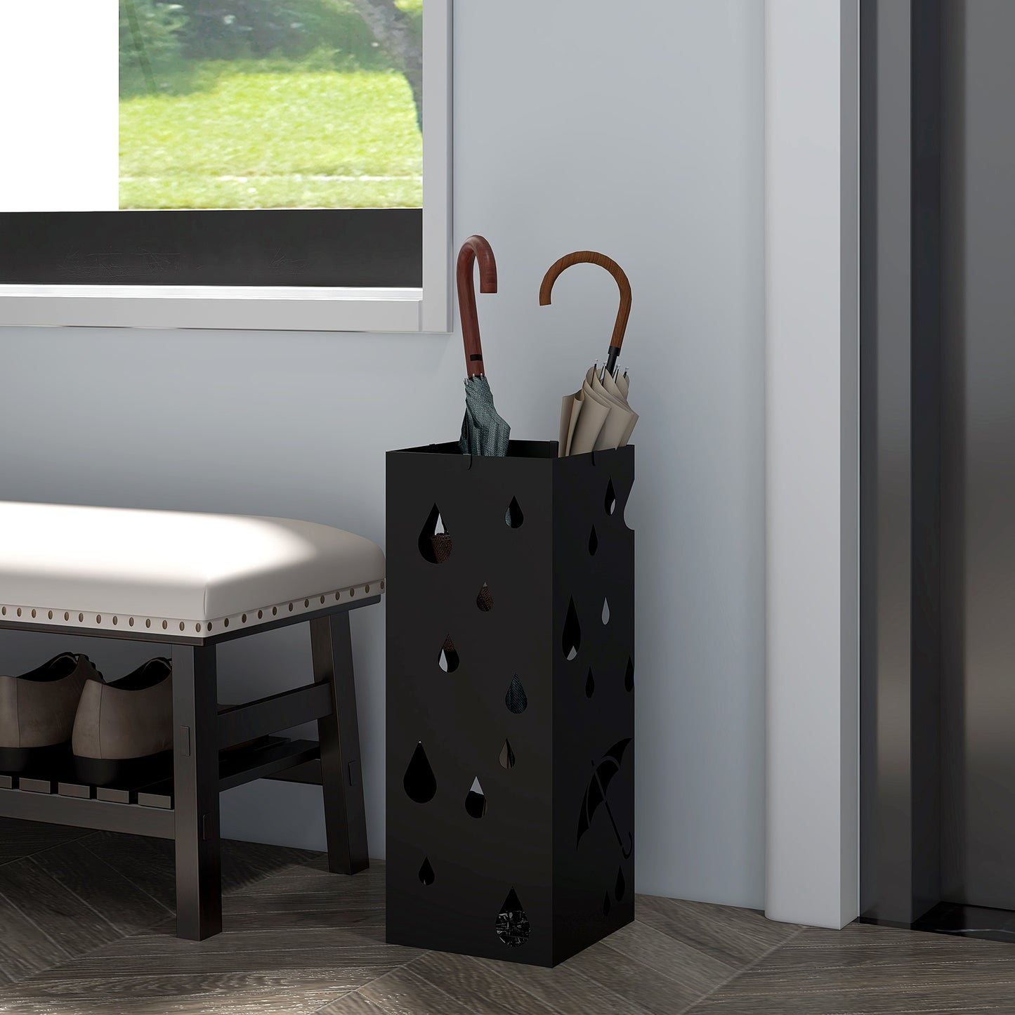 HOMCOM Freestanding Umbrella Stand for Hallway Square Umbrella Basket with 4 Hooks and Drip Tray for Entryway Dark Grey