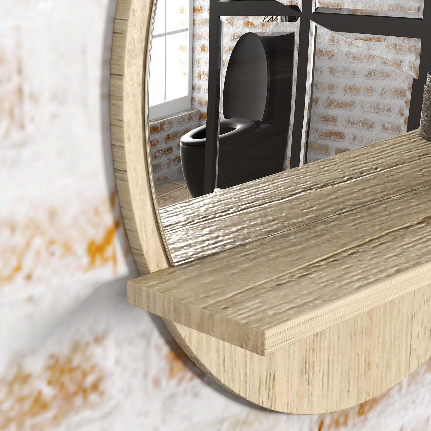 kleankin 45cm Wall Mounted Bathroom Mirror, Round Mirror with Shelf, Framed Makeup Mirror for Home Decoration, Natural Wood Effect