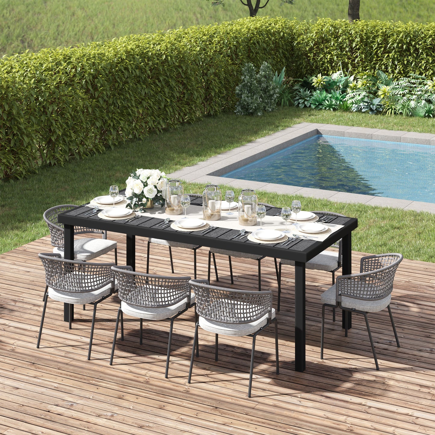 Outsunny Aluminium Outdoor Garden Dining Table for 8 People, Faux Wood Top, for Garden, Lawn, Patio, 190 x 90 x 74cm, Black