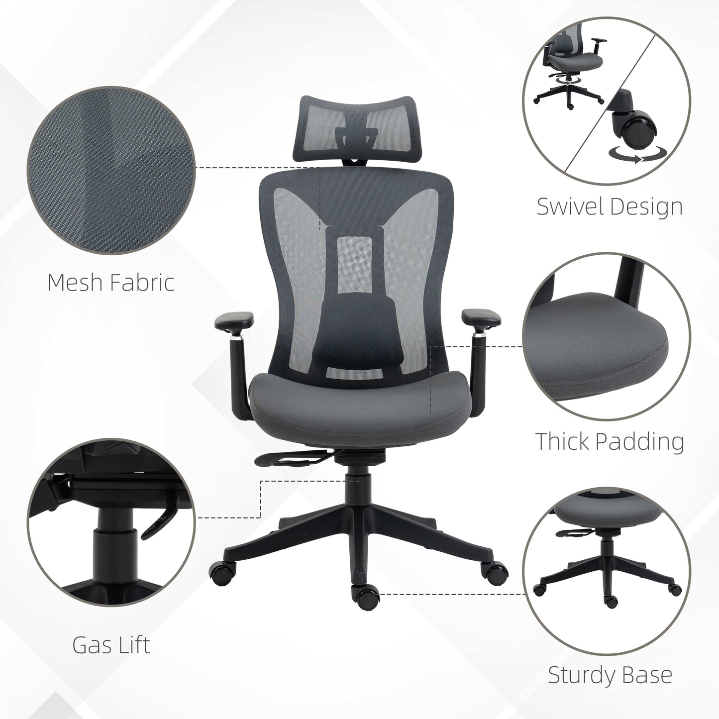 Vinsetto Mesh Office Chair Ergonomic Desk Chair Computer Chair with Adjustable Headrest and Lumbar Support 135° Reclining Back and 3D Armrest for Home Office Study Grey