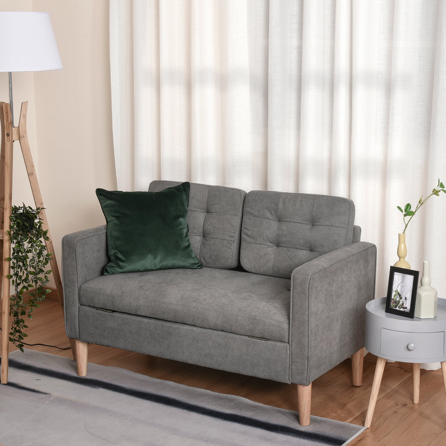 HOMCOM Modern 2 Seater Sofa with Hidden Storage, 117cm Tufted Cotton Couch, Compact Loveseat Sofa with Wood Legs, Grey