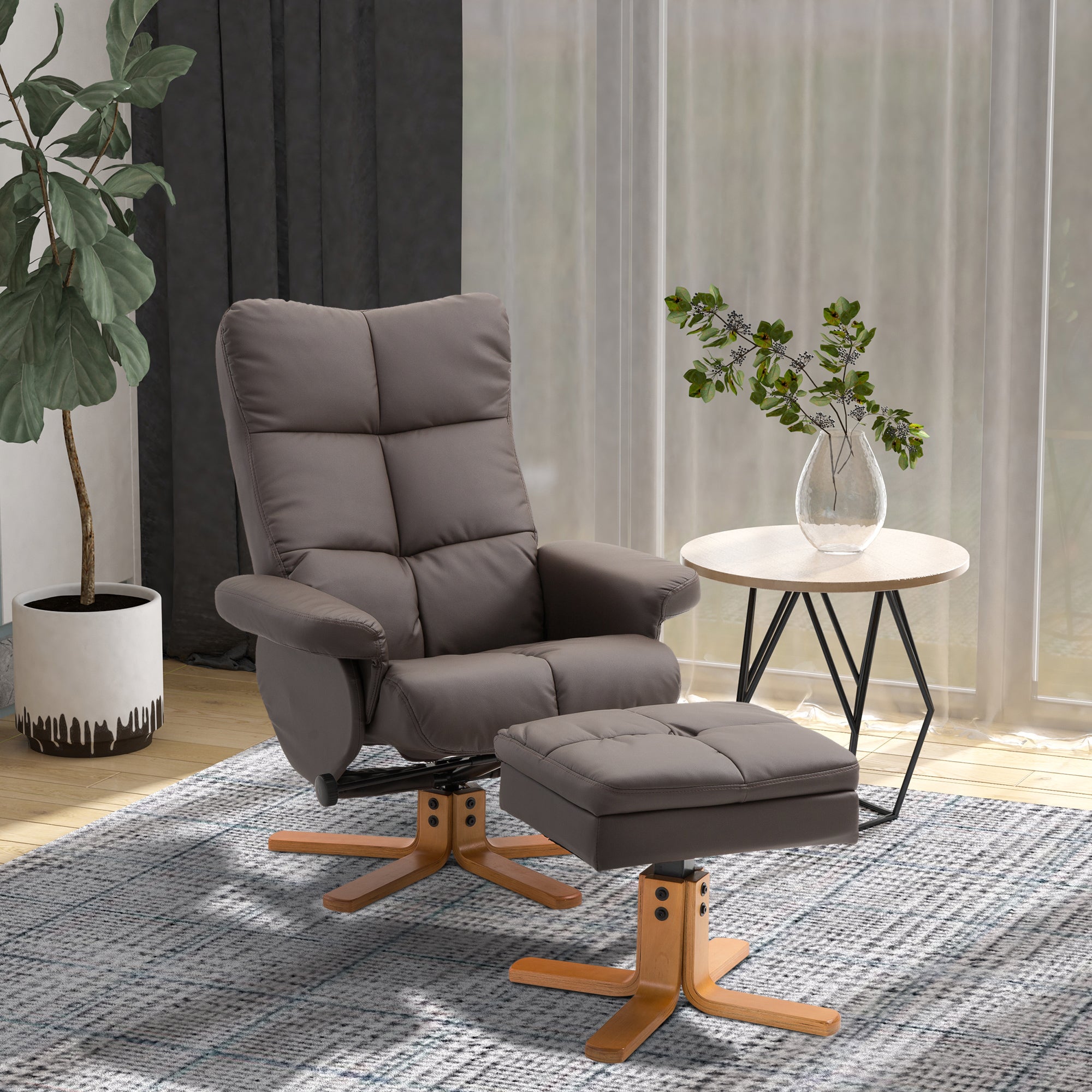 HOMCOM Faux Leather Swivel Recliner Chair With Footstool Wooden Base HOMCOM Faux Leather Swivel Recliner Chair With Footstool Wooden Base