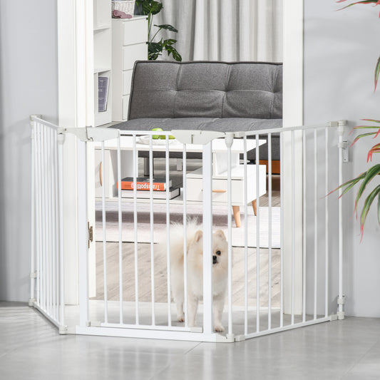 PawHut Pet Safety Gate 3-Panel Playpen Fireplace Christmas Tree Metal Fence Stair Barrier Room Divider with Walk Through Door Automatically Close Lock White