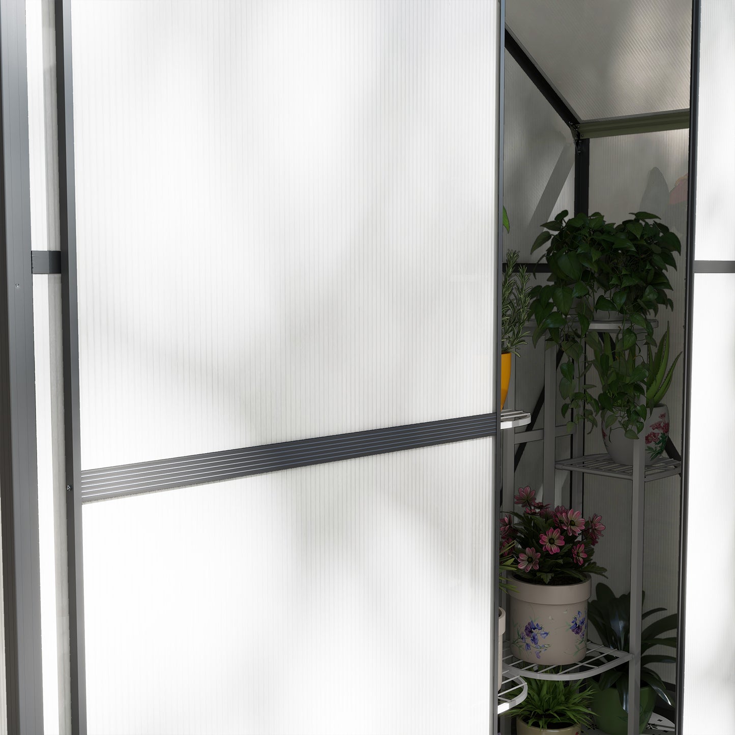 Outsunny 6 x 2.5ft Polycarbonate Greenhouse WalkIn Green House with Rain Gutter Sliding Door Window Foundation Dark Grey