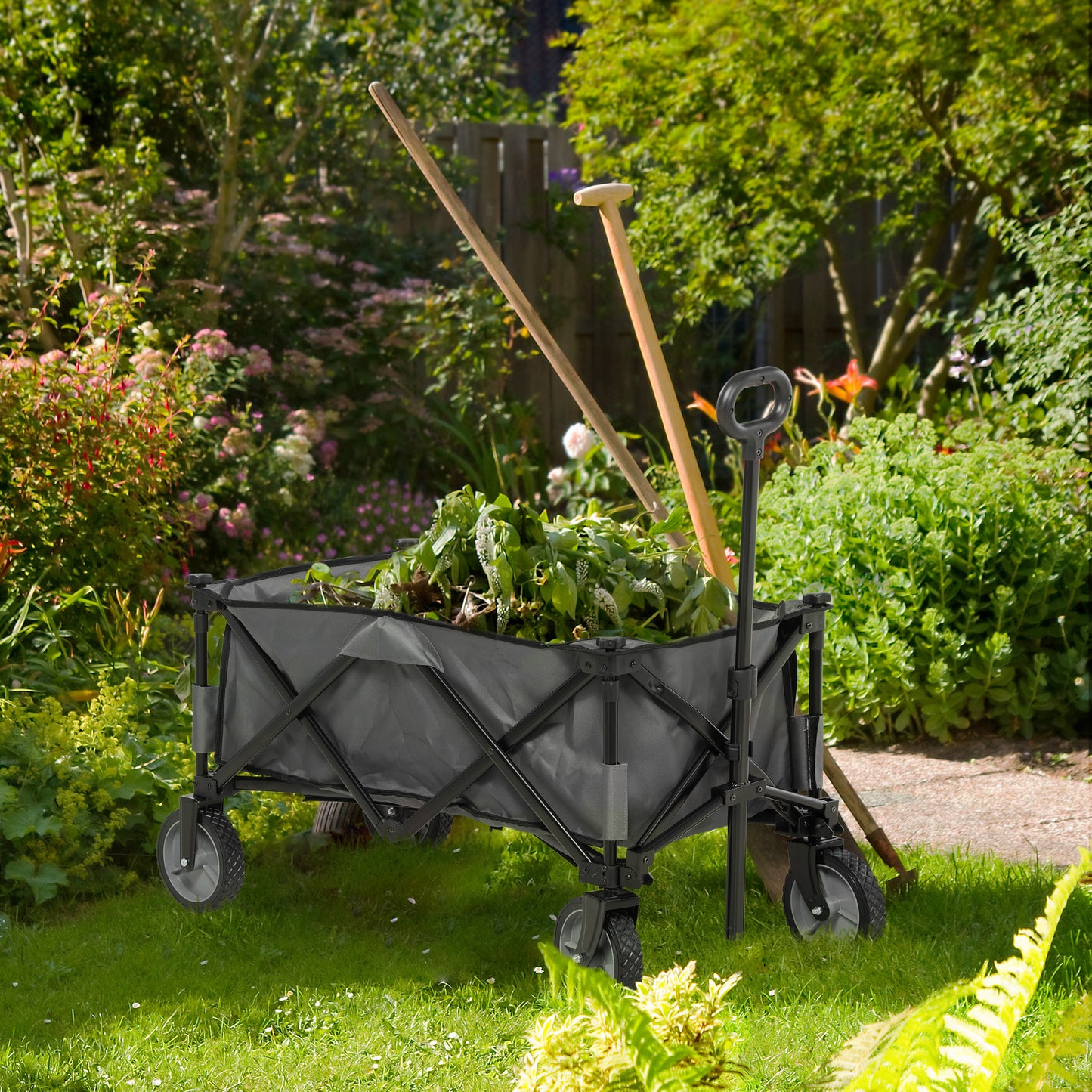 Outsunny Garden Trolley Cargo Traile on Wheels Folding Collapsible Camping Trolley Outdoor Utility Wagon Dark Grey