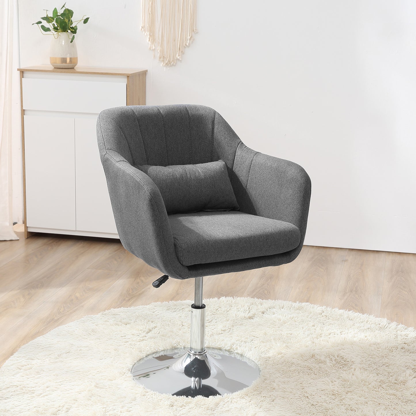 HOMCOM Swivel Accent Chair for Living Room Contemporary Vanity Armchair with Adjustable Height Thick Cushion Lumbar Support Armrest for Bedroom Office Dark Grey