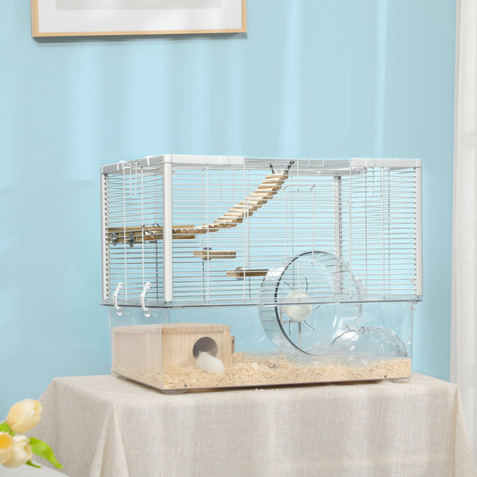 PawHut Hamster Cage, Gerbilarium Cage, Wooden Ramp, Exercise Wheel, Food Bowl, Natural Tone and White