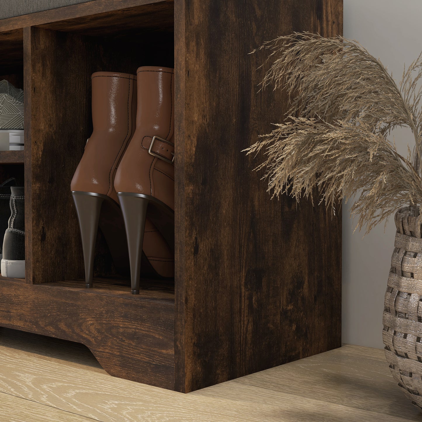 HOMCOM Shoe Storage with Seat Upholstered Entryway Bench Shoe Bench with Drawer and 3 Open Shelves for Hallway