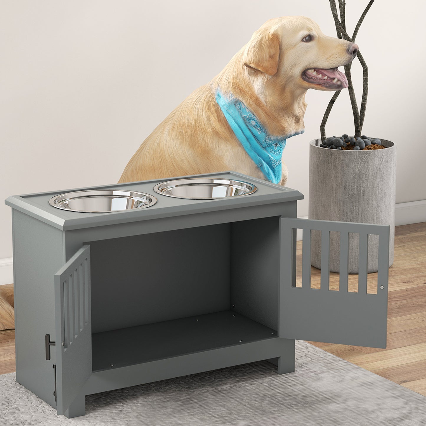 PawHut Raised Dog Bowls Pet Feeding Station with Storage Food and Water Bowls for Large Dogs Grey