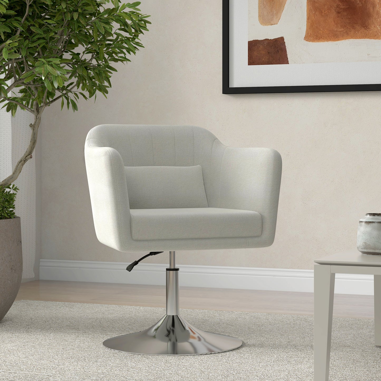 HOMCOM Modern Accent Chair with Swivel Base Height Adjustable Arm Chair with Pillow for Living Room Bedroom Cream White