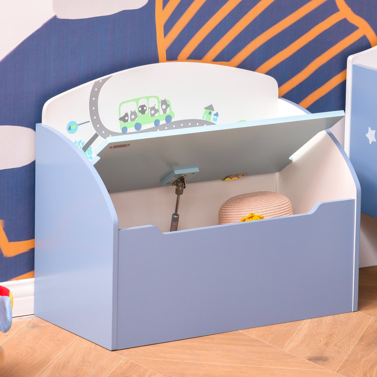 HOMCOM Kids Wooden Toy Storage Chest Chair 2 in 1 Design with Gas Stay Bar Safety Hinges Lid 60 x 30 x 50cm Blue Box w/ Seating Bench