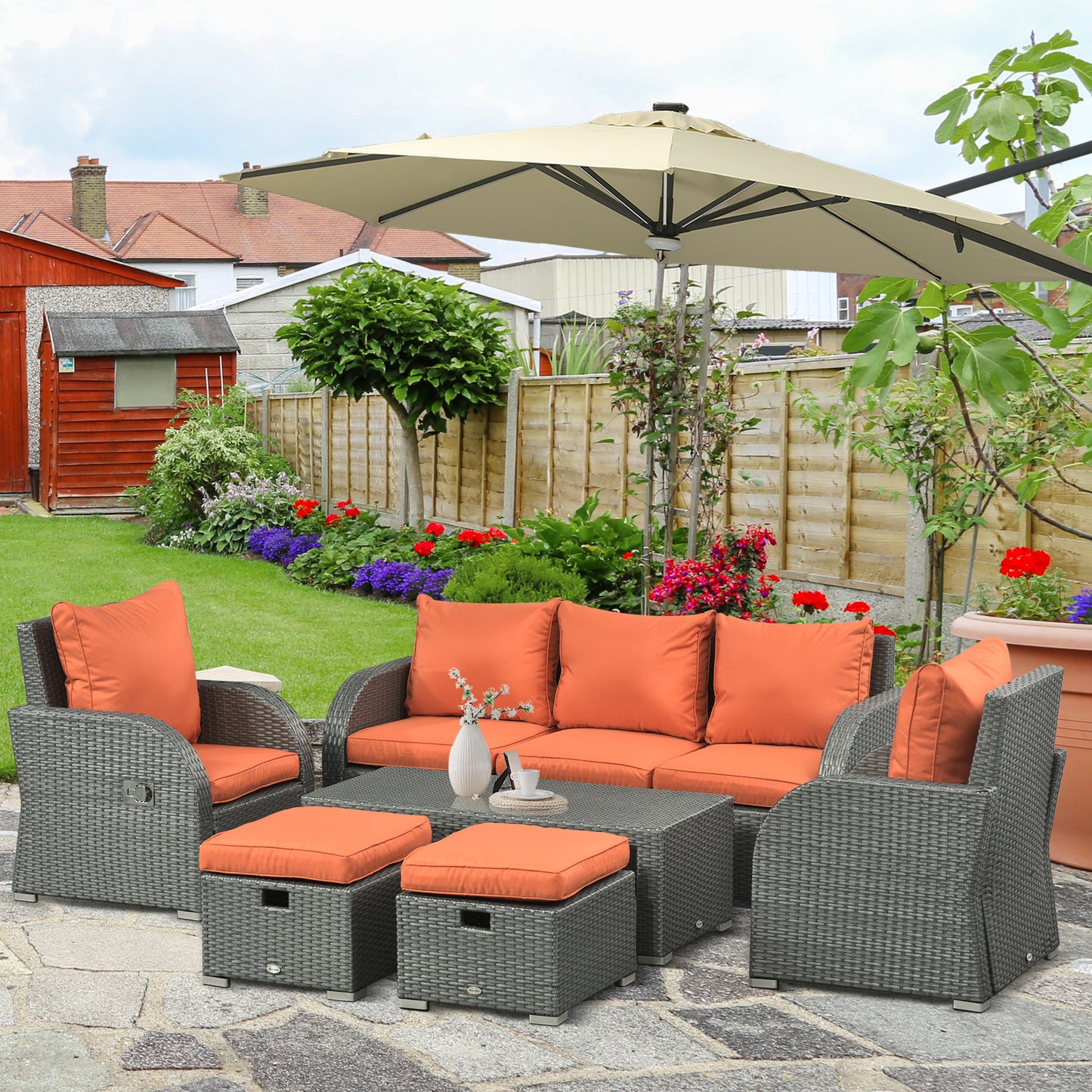 Outsunny 6pc Outdoor Rattan Wicker Furniture Set with 3-Seat Sofa, 2 Single Sofas, 2 Footstools and Coffee Table
