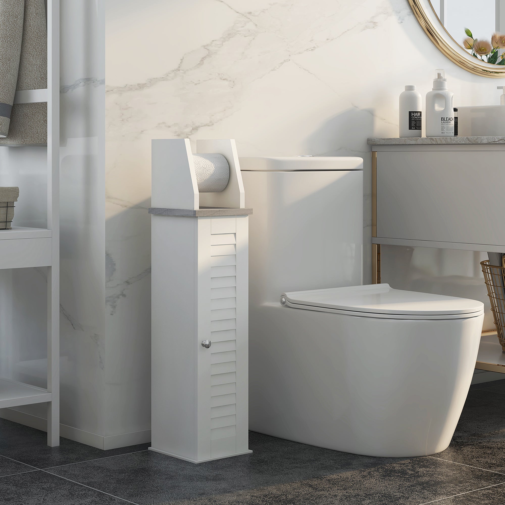 kleankin Slim Bathroom Floor Cabinet with Cupboard, Roll Holder and Ad ...