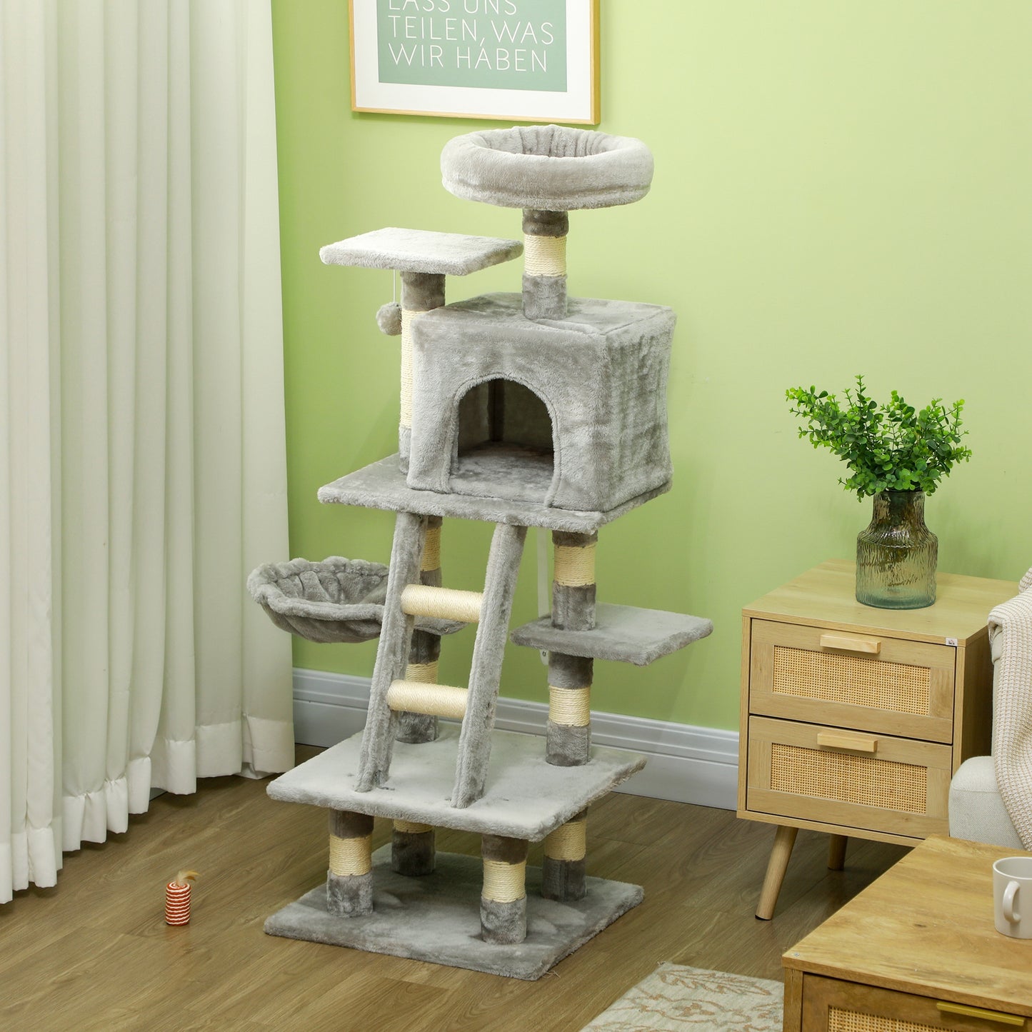 PawHut 132cm Cat Tree with Scratching Post, House, Hammock, Grey