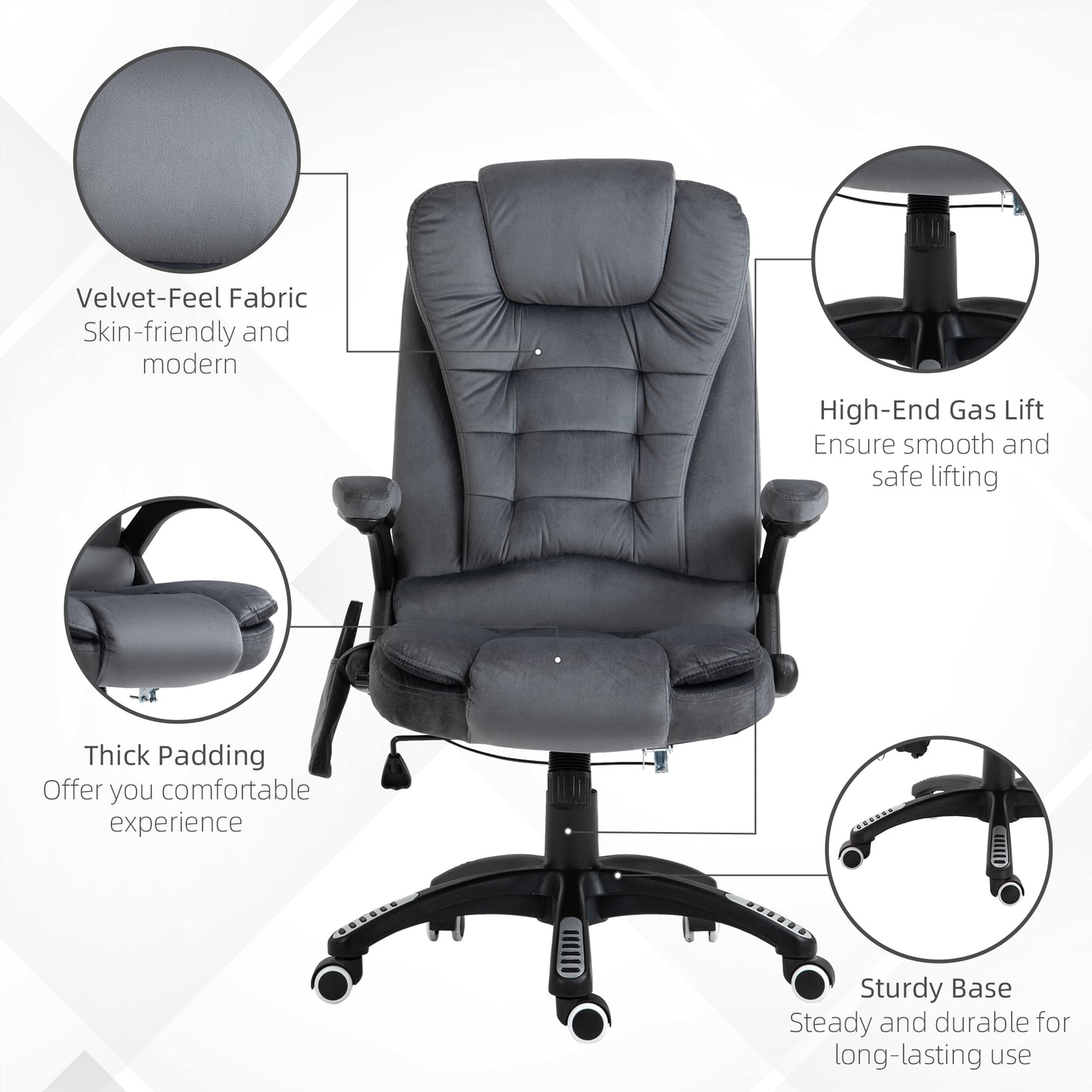 Vinsetto Massage Recliner Chair Heated Office Chair with Six Massage Points Velvet-Feel Fabric 360° Swivel Wheels Grey