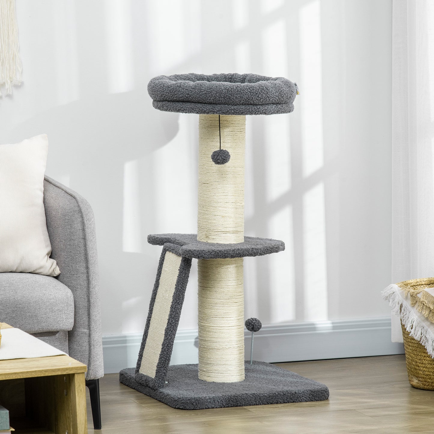 PawHut Cat Tree Tower with Scratching Posts, Pad, Bed, Toy Ball-Dark Grey