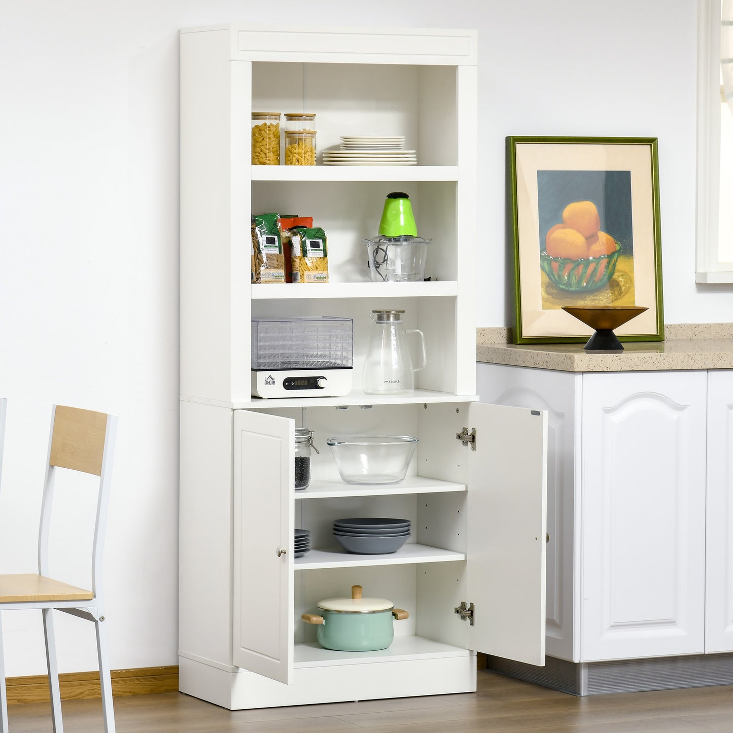 HOMCOM Kitchen Cupboard with 6-tier Shelving, Freestanding Storage Cabinet, Larder Pantry Sideboard with 3 Open Compartments and Double-door Cabinet with Adjustable Shelves, White