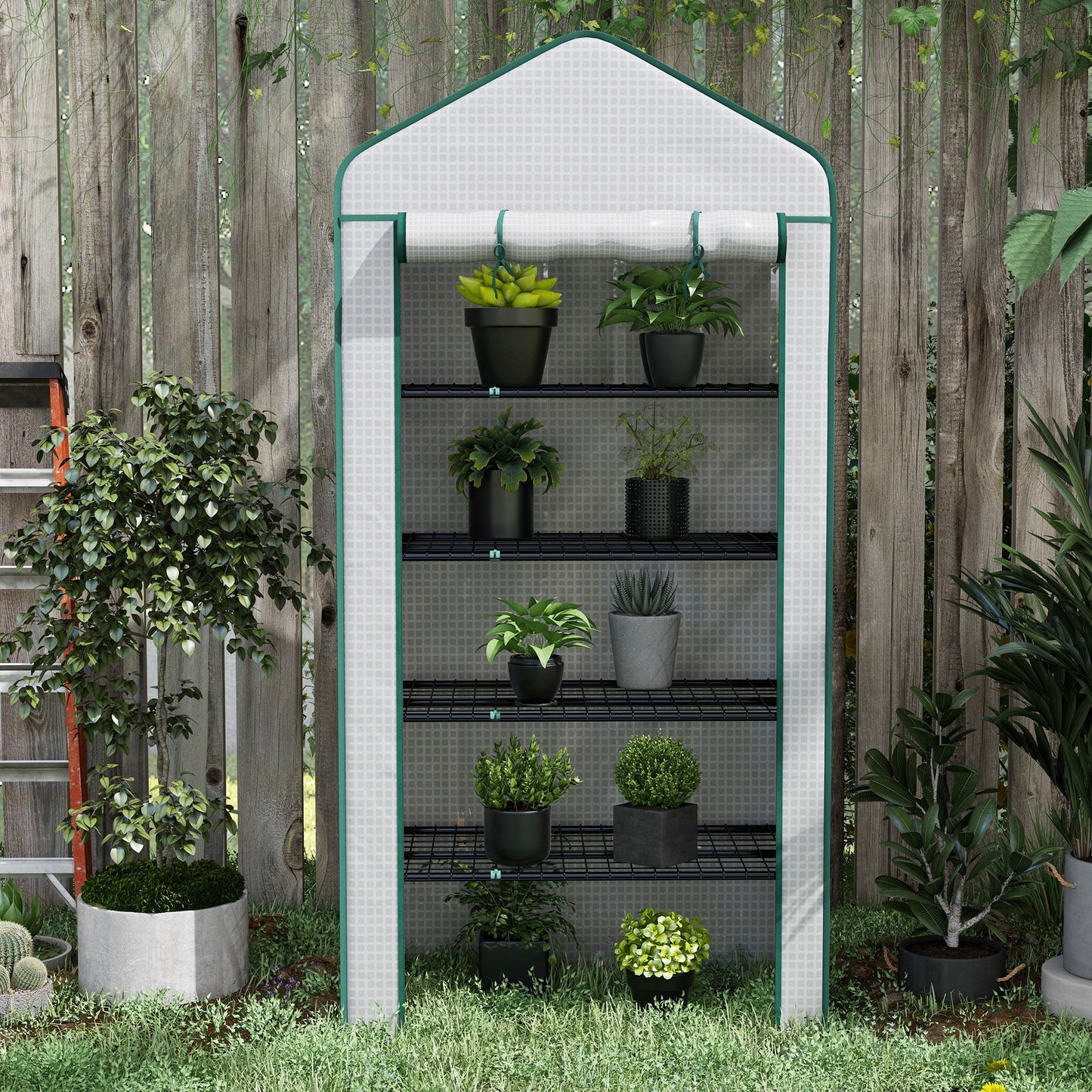 Outsunny 5 Tier Widened Mini Greenhouse with Reinforced PE Cover Portable Indoor Outdoor Green House with Rollup Door and Wire Shelves 193H x 90W x 49Dcm White