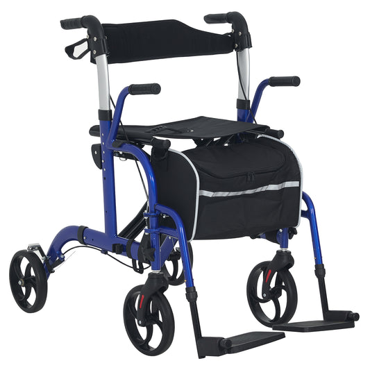 HOMCOM 2-in-1 Wheelchair & Rollator Walker with Seat, Backrest, Footrest, Lightweight Frame, Adjustable Height, 4 Wheels, Pearl Blue