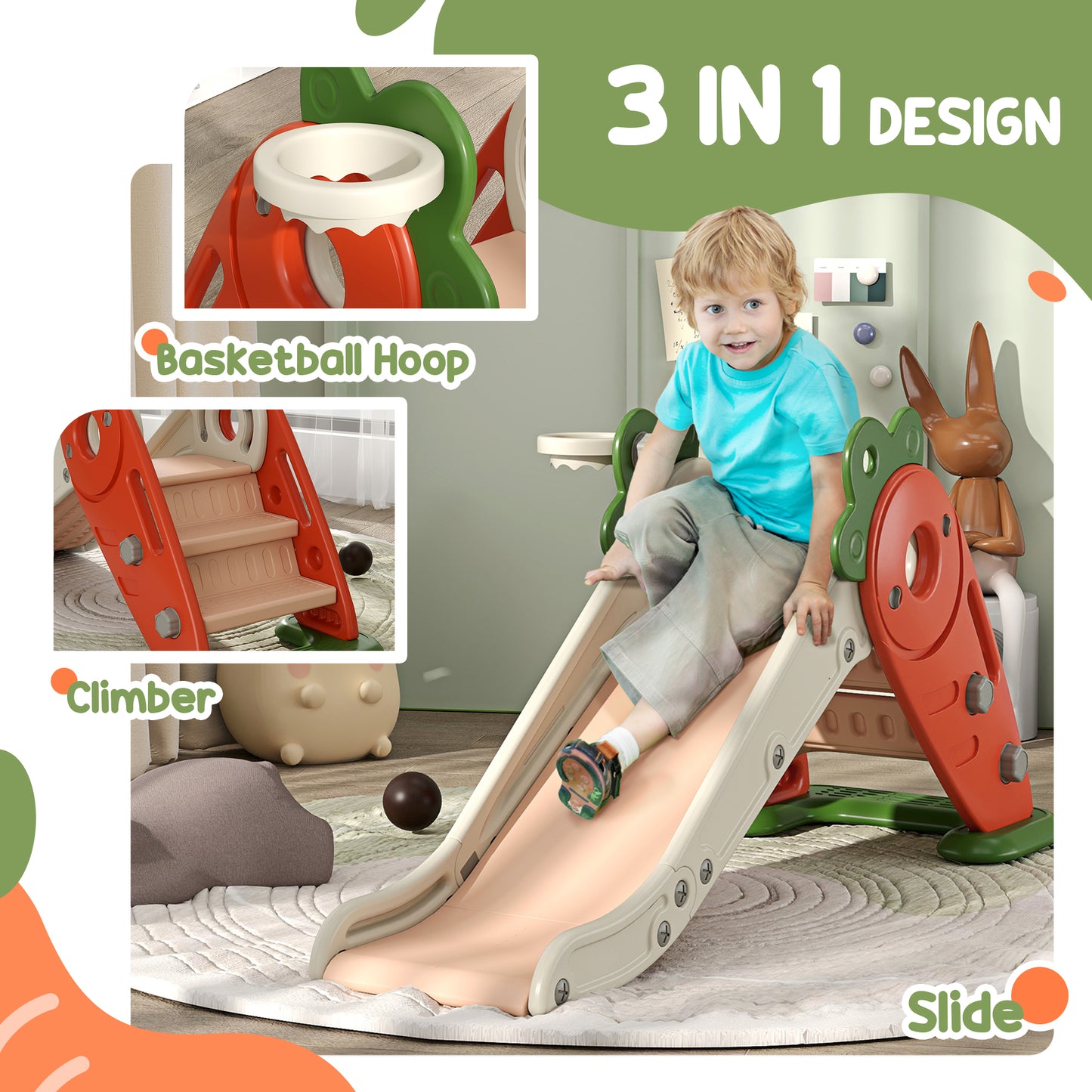 AIYAPLAY 3 in 1 Foldable Toddler Slide with Basketball Hoop, Climber, Carrot-themed for 1-3 Years