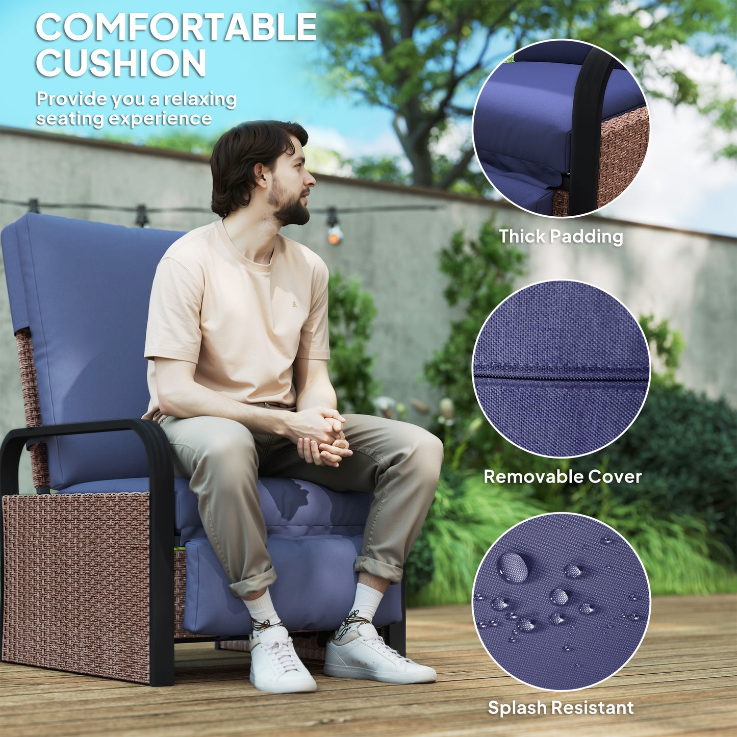 Outsunny 140° Reclining Rattan Armchair - Brown/Blue