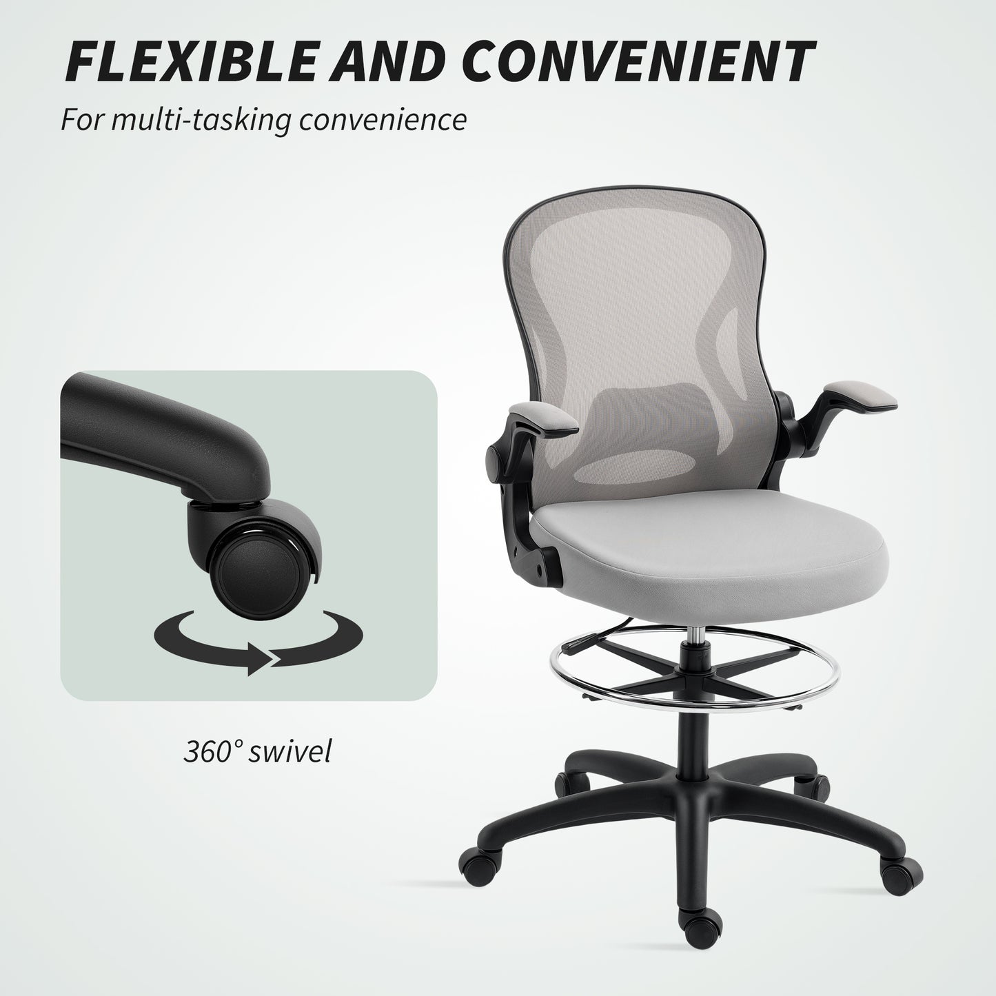 Vinsetto Adjustable Mesh Standing Desk Chair with Flip-up Armrests Lumbar Support Armrests Adjustable Footrest Ring Grey