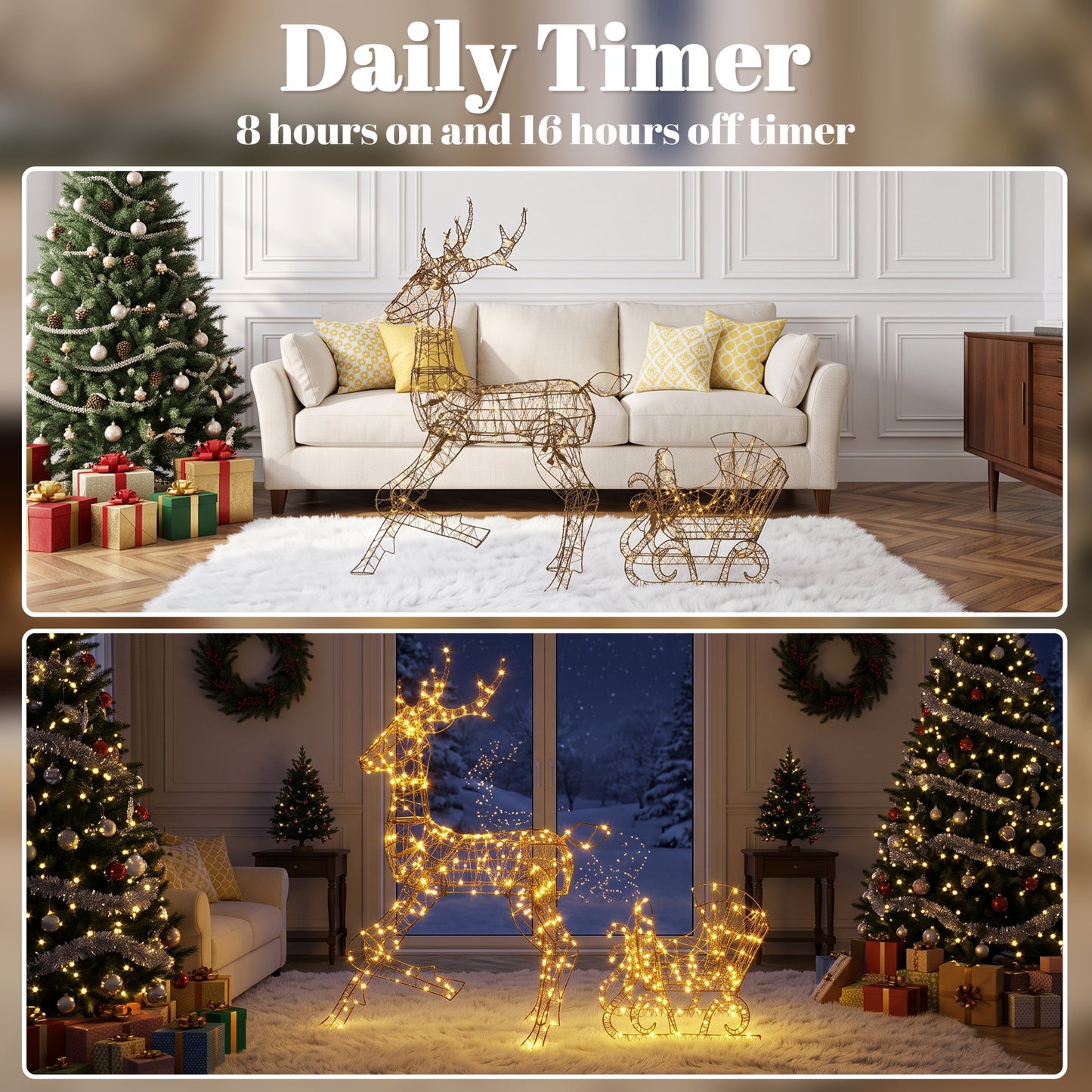 Outsunny Lighted Reindeer and Sleigh Set, 2-Piece PP Rattan Outdoor Christmas Decoration with LEDs, 8 Modes, Daily Timer