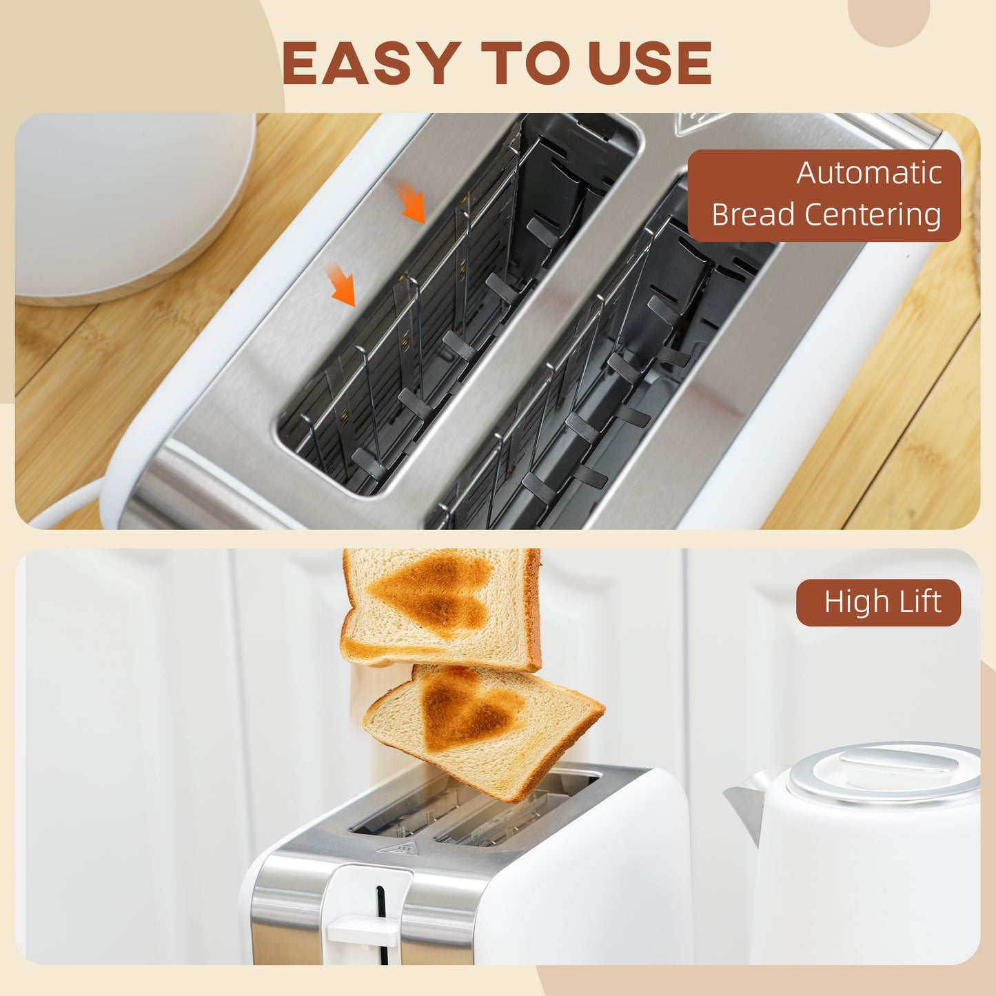 HOMCOM Kettle and Toaster Set, 1.7L 3000W Kettle & 2 Slice Toaster, 7 Levels, Defrost, Reheat, Auto Off, White